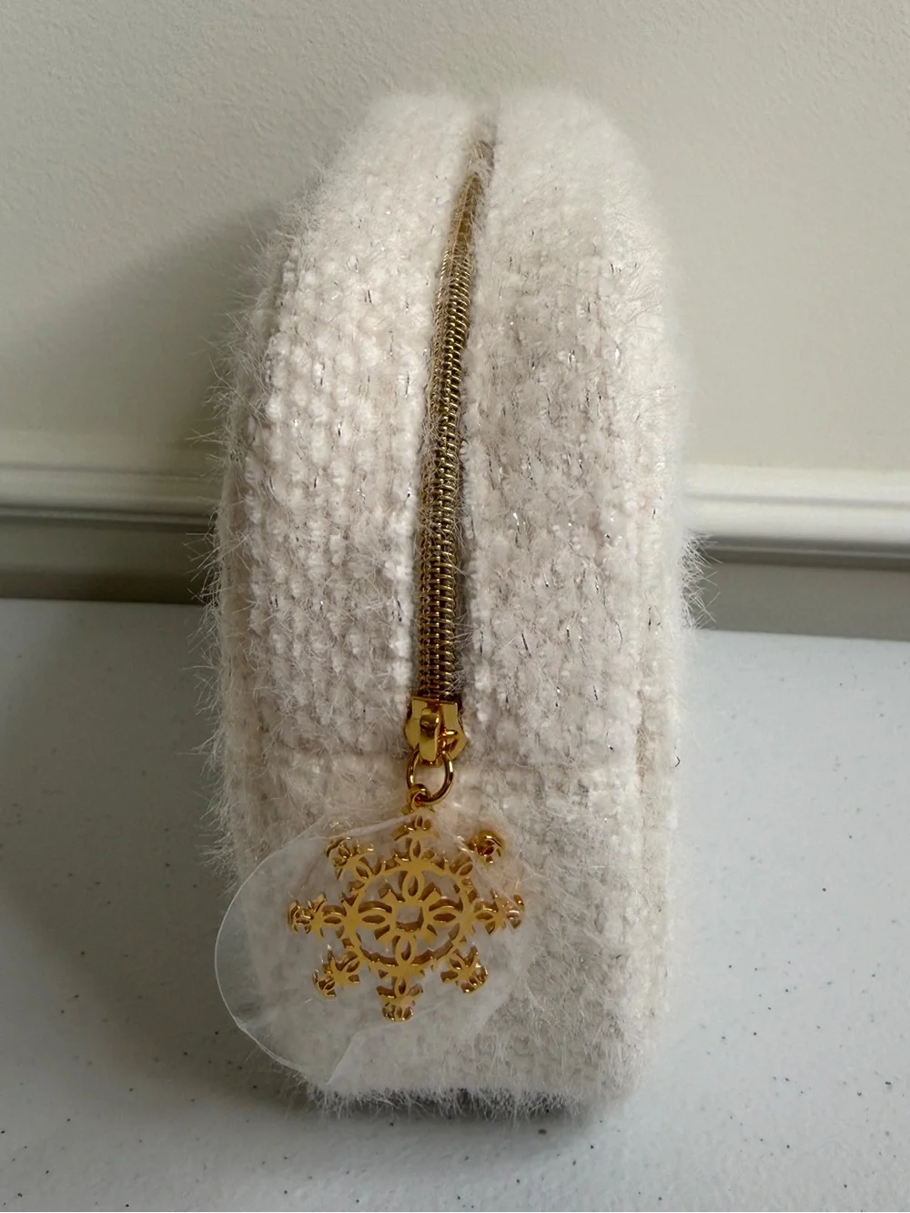 CHANEL Holiday Cream Textured Beauty Pouch with Gold Logo